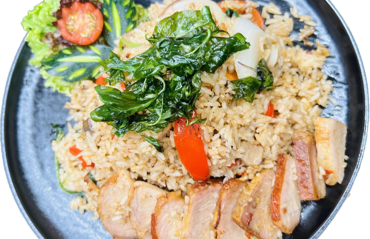 Crispy Pork Belly Fried Rice with basil