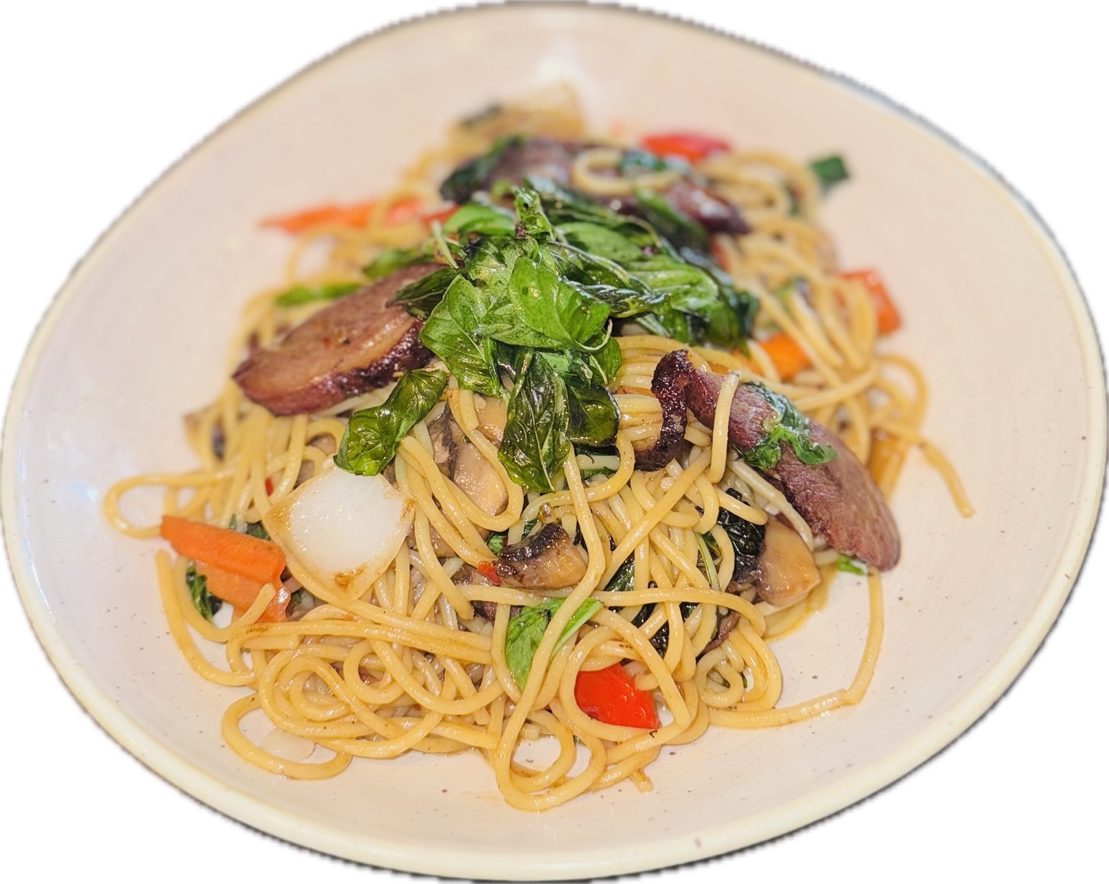 Spicy basil spaghetti noodle with duck