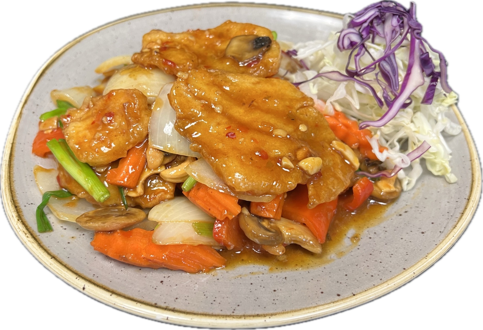 Stir-fry Sea Bass fish with cashew nuts sauce